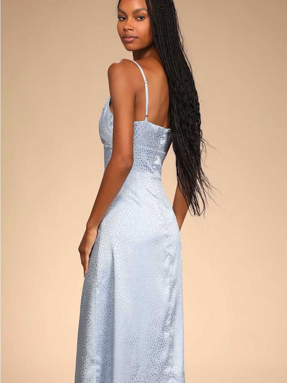 NWT Lulus | Fiercely Chic Light Blue Satin Jacquard Print Cowl Midi Dress, S - Picture 3 of 8